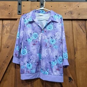 Vintage Blair Floral Collared 3/4 Sleeve Purple Shirt Large